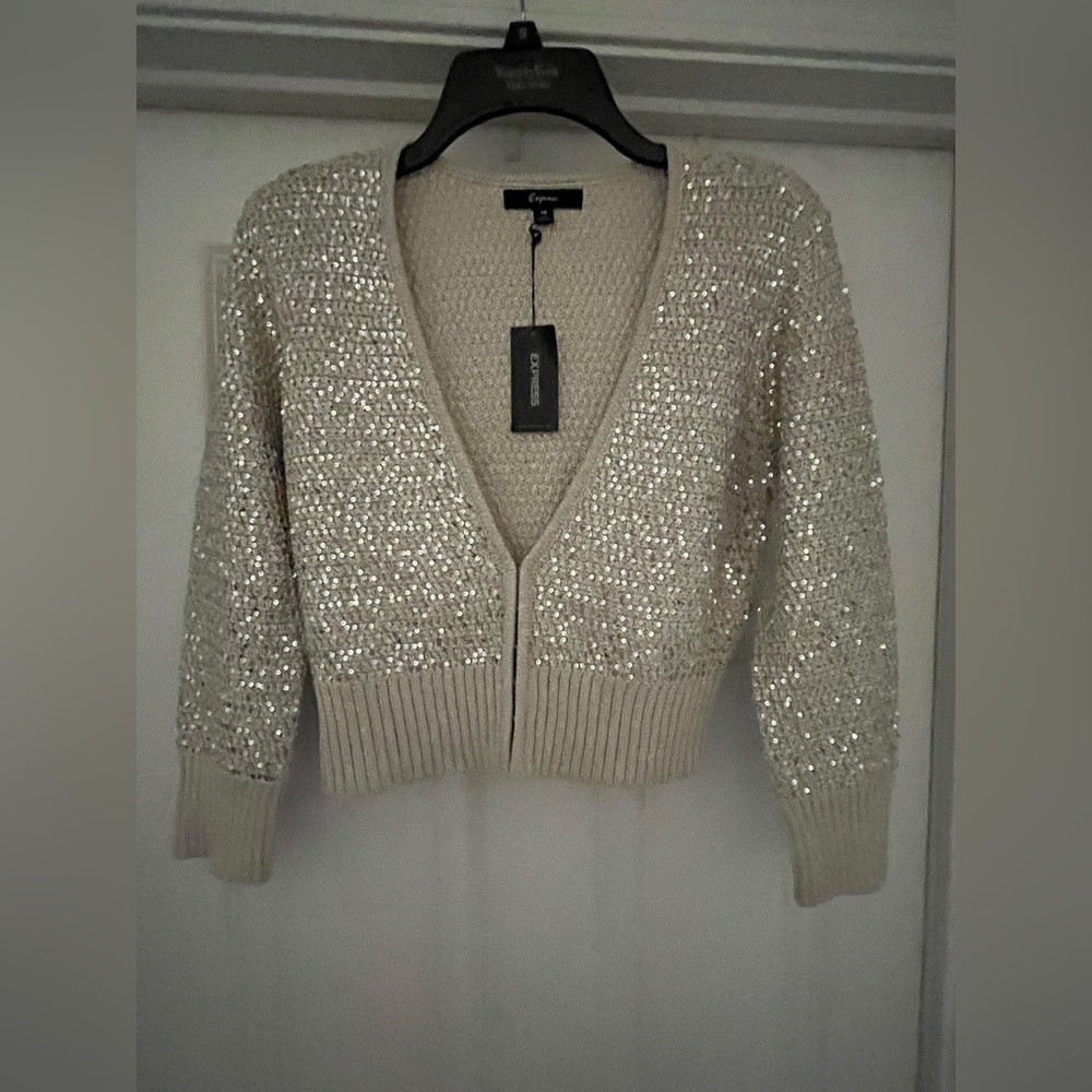 Express Sequin Cropped Cardigan Sweater NWT Beige Sparkle Medium